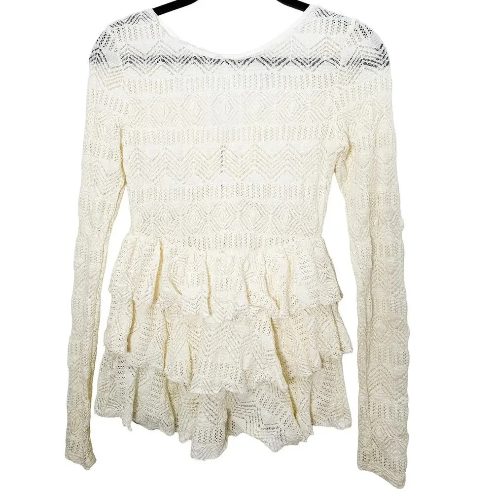 Free‎ People Women's Cream Ruffle Lace Tiered Top Peasant Bohemian Cottagecore S